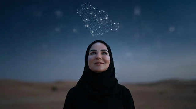 امرأة سعودية في الصحراء تنظر لخريطة المملكة اللامعة