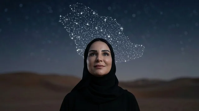 Saudi Woman in Desert Under Starry Saudi Arabia Map
