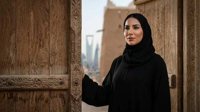 امرأة سعودية بعباءة أمام باب تراثي بمدينة الرياض