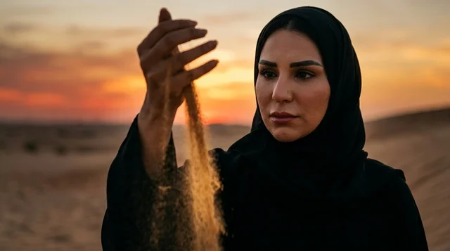 امرأة عربية بالعباءة تمسك الرمل في الصحراء وقت الغروب