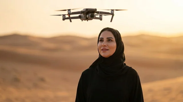 Arab Woman in Abaya with Drone in Saudi Desert