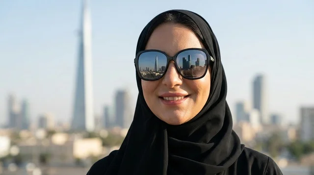 Saudi Woman in Hijab with Riyadh Skyline Reflection