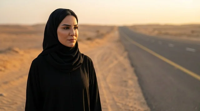 امرأة عربية سعودية بالعباءة على طريق صحراوي وقت الغروب