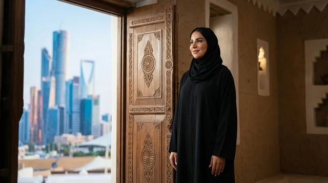 Saudi Woman in Abaya with Riyadh Skyline Heritage View Saudi Woman in Abaya with Riyadh Skyline Heritage View