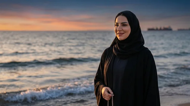 Arab Woman in Abaya on Beach at Sunset
