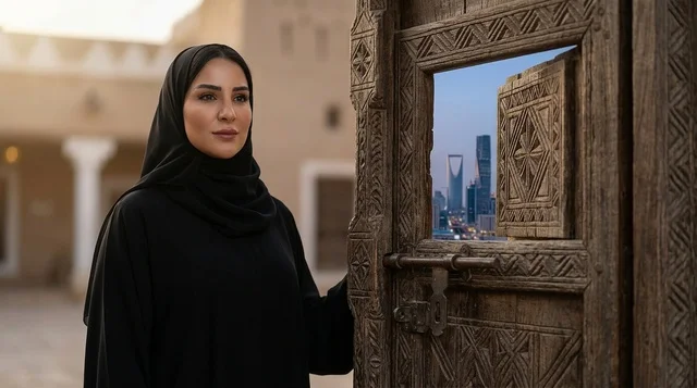 Saudi Woman by Traditional Door with Riyadh Skyline View Saudi Woman by Traditional Door with Riyadh Skyline View