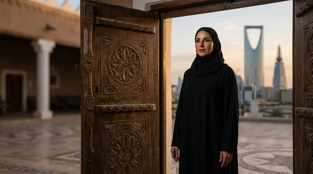 امرأة سعودية بالعباءة التقليدية مع أفق الرياض وقت الغروب