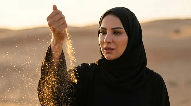 امرأة عربية بالعباءة تسكب رمال الصحراء وقت الغروب