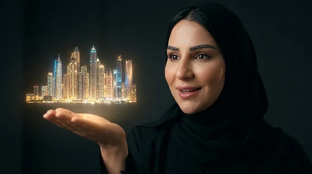 Saudi Woman Holding Dubai Marina Hologram