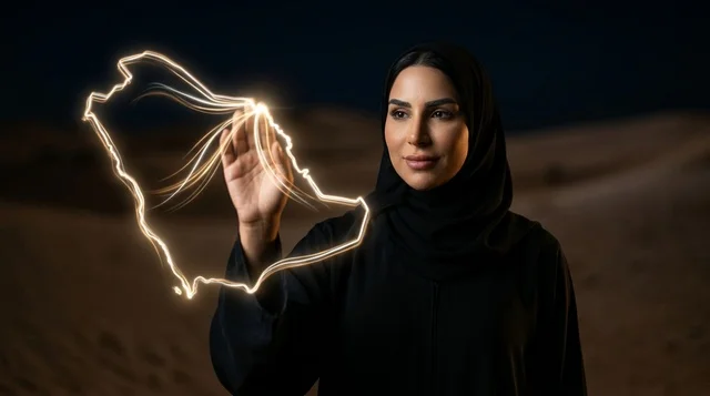 امرأة سعودية تتفاعل مع خريطة هولوجرام مضيئة بالصحراء
