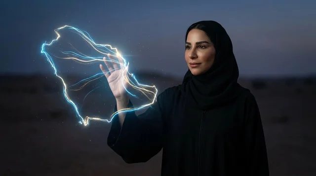 امرأة سعودية بالعباءة تلمس خريطة هولوغرام مضيئة