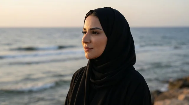 امرأة سعودية بالحجاب على شاطئ البحر وقت الغروب