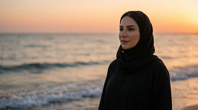 امرأة عربية بالعباءة السوداء على الشاطئ وقت الغروب