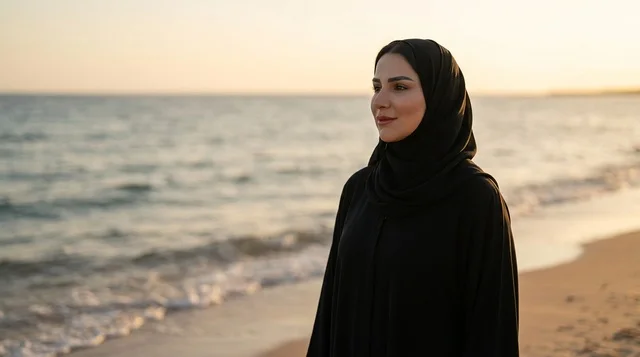 امرأة عربية بالعباءة السوداء على الشاطئ وقت الغروب