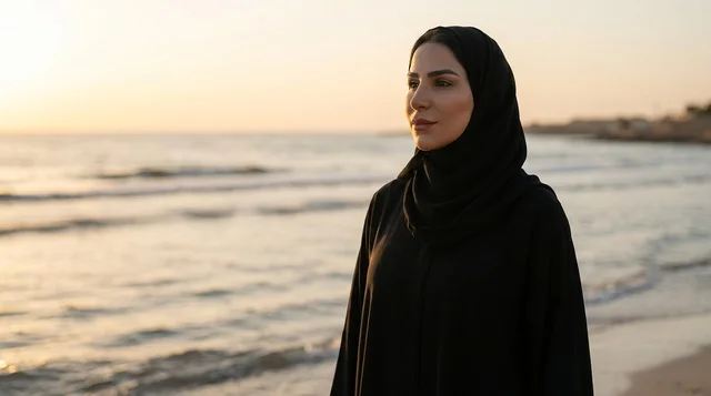 Saudi Arab Woman in Black Abaya on Beach at Sunset