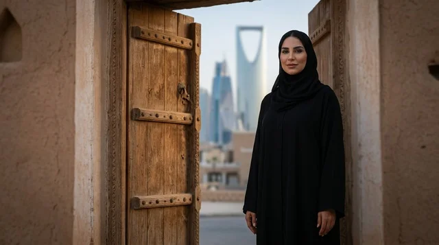 Saudi Woman at Traditional Doorway with Riyadh Skyline Saudi Woman at Traditional Doorway with Riyadh Skyline