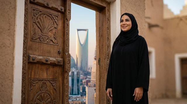 امرأة سعودية بالعباءة التقليدية تطل على برج المملكة بالرياض