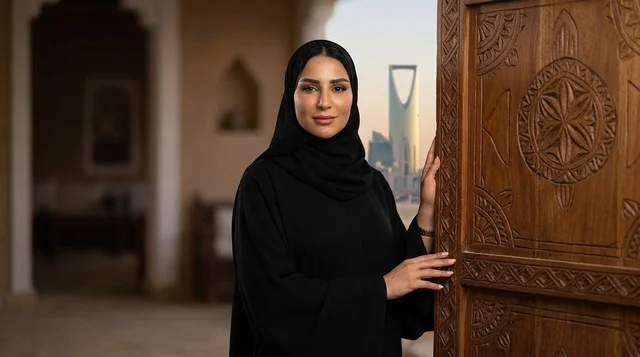 امرأة سعودية أمام باب تراثي في الرياض برج المملكة