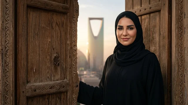 امرأة سعودية بالعباءة مع خلفية برج المملكة بالرياض