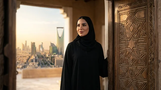امرأة سعودية بالعباءة تطل على أفق مدينة الرياض