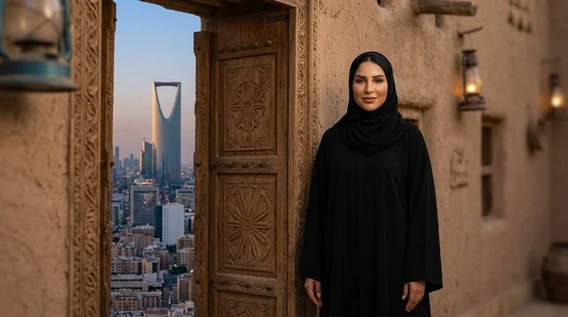 امرأة سعودية بالعباءة في الرياض مع إطلالة برج المملكة