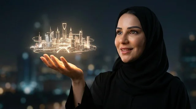 امرأة سعودية تحمل مجسم هولوغرام ذكي لمدينة الرياض