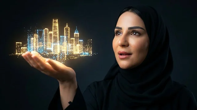 امرأة سعودية تحمل مجسم هولوغرام ذكي لمدينة الرياض