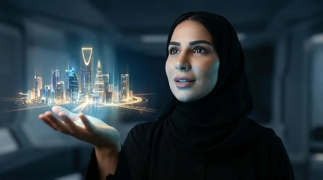 امرأة سعودية تحمل مجسم هولوغرام ثلاثي الأبعاد لأفق الرياض