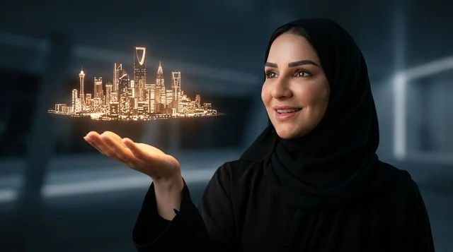 امرأة سعودية تحمل مجسم هولوجرام لأفق مدينة الرياض