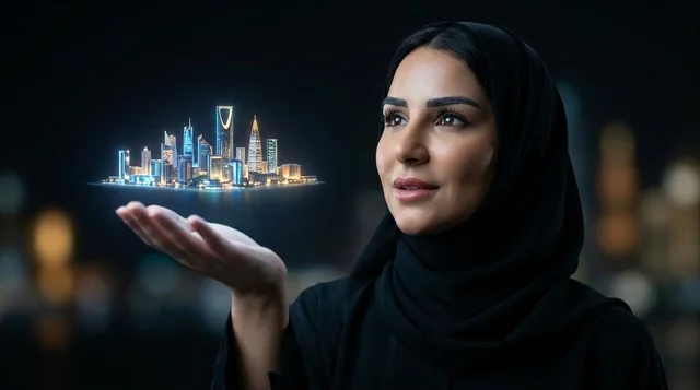 امرأة سعودية تحمل مجسم هولوجرام لأفق مدينة الرياض