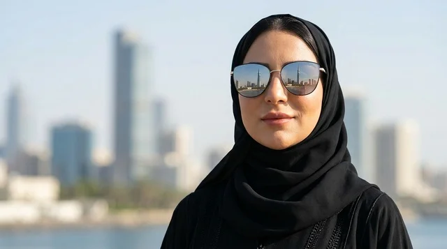 Arab Woman in Hijab and Sunglasses with City Reflection