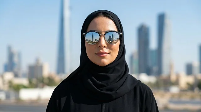 امرأة إماراتية ترتدي الحجاب مع انعكاس أفق مدينة دبي