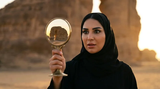 امرأة عربية تحمل مرآة عتيقة أمام جبل الفيل في العلا