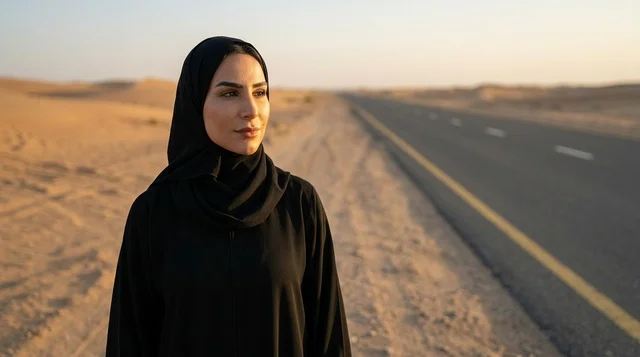 An Arab woman in a black abaya in the desert at sunset.