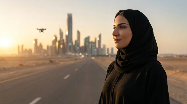 امرأة سعودية مع طائرة درون وأفق المدينة وقت الغروب امرأة سعودية مع طائرة درون وأفق المدينة وقت الغروب