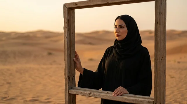 امرأة عربية بالعباءة مع إطار خشبي في الصحراء وقت الغروب