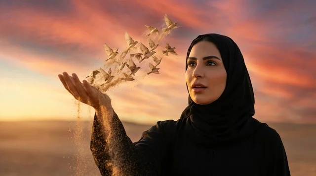 امرأة عربية في الصحراء مع رمل يتحول إلى طيور