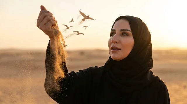 امرأة عربية في الصحراء تسكب الرمال لتتحول إلى طيور