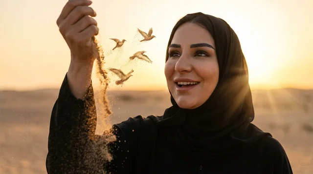 امرأة عربية في الصحراء تسكب الرمال لتتحول إلى طيور
