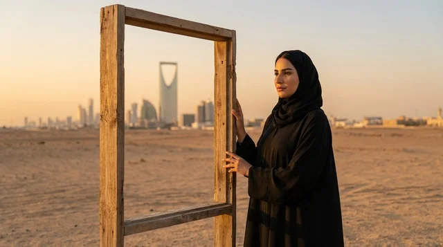 امرأة سعودية مع إطار خشبي في صحراء الرياض وقت الغروب