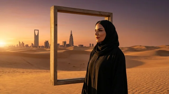 Saudi Woman in Desert with Riyadh Skyline at Sunset