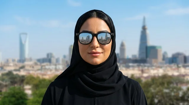 امرأة سعودية بالعباءة مع انعكاس أفق مدينة الرياض