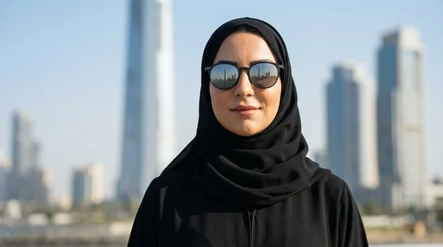 امرأة عربية بالحجاب والنظارات الشمسية مع أفق المدينة