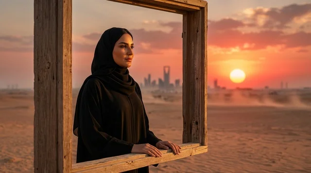 امرأة عربية ترتدي العباءة في صحراء الرياض وقت الغروب
