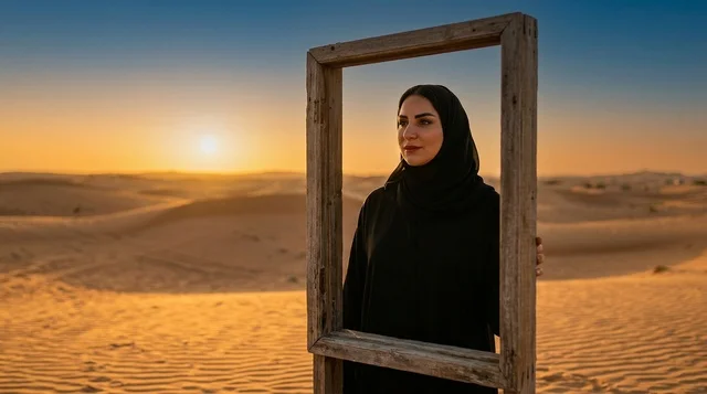 بورتريه امرأة عربية مع إطار خشبي في غروب الصحراء