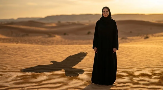 امرأة عربية بالعباءة السوداء مع ظل صقر في غروب الصحراء