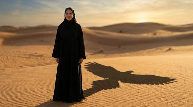 Arab Woman in Abaya with Falcon Shadow in Desert at Sunset Arab Woman in Abaya with Falcon Shadow in Desert at Sunset