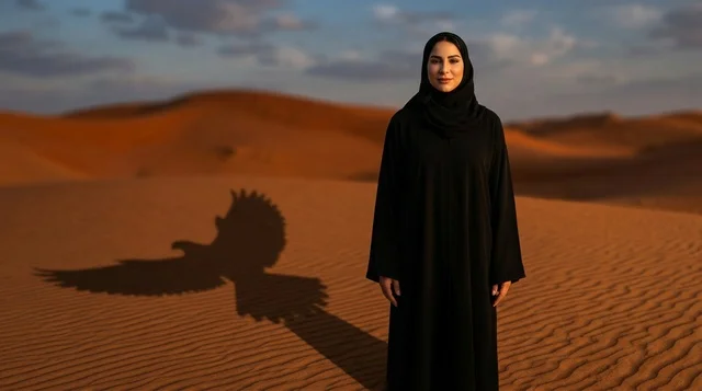 امرأة عربية بالعباءة السوداء في الصحراء وقت الغروب