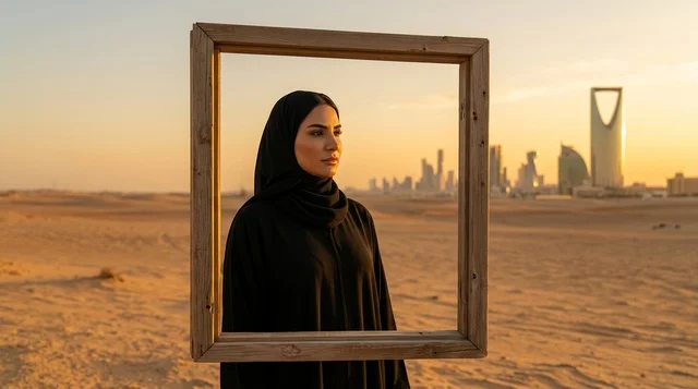 Saudi Woman in Riyadh Desert with Wooden Frame at Sunset