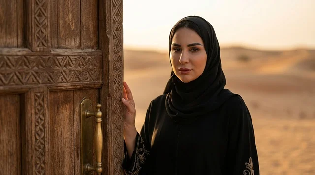امرأة عربية بالعباءة بجانب باب خشبي تقليدي في الصحراء